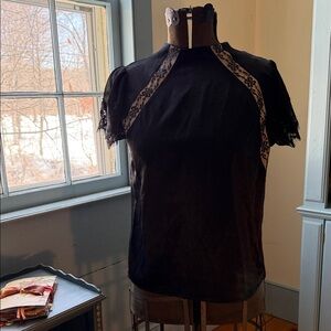 Nanette Lepore Black Lace-Trim Short Sleeve Blouse